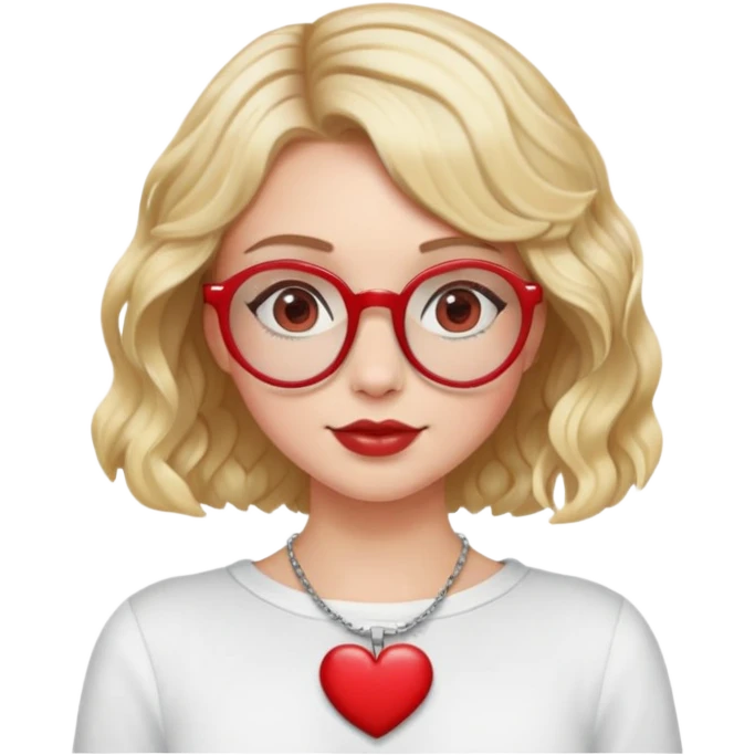 white girl head with short wavy blonde bob hair, red round glasses, heart necklace emoji