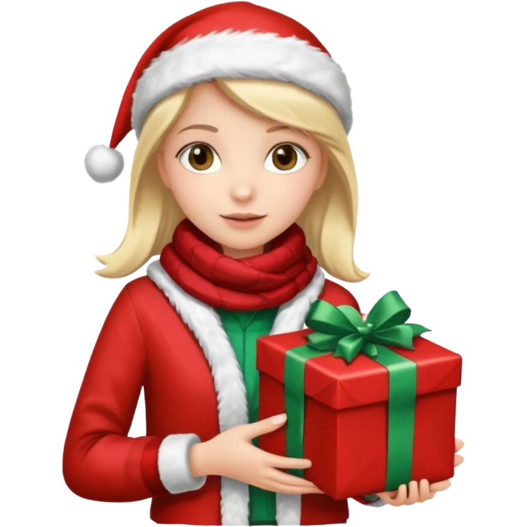 a girl wearing a chirstmas jacket and scarf and holding a christmas gift emoji