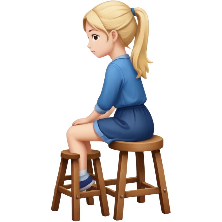 The girl is sitting facing backwards on a stool. emoji