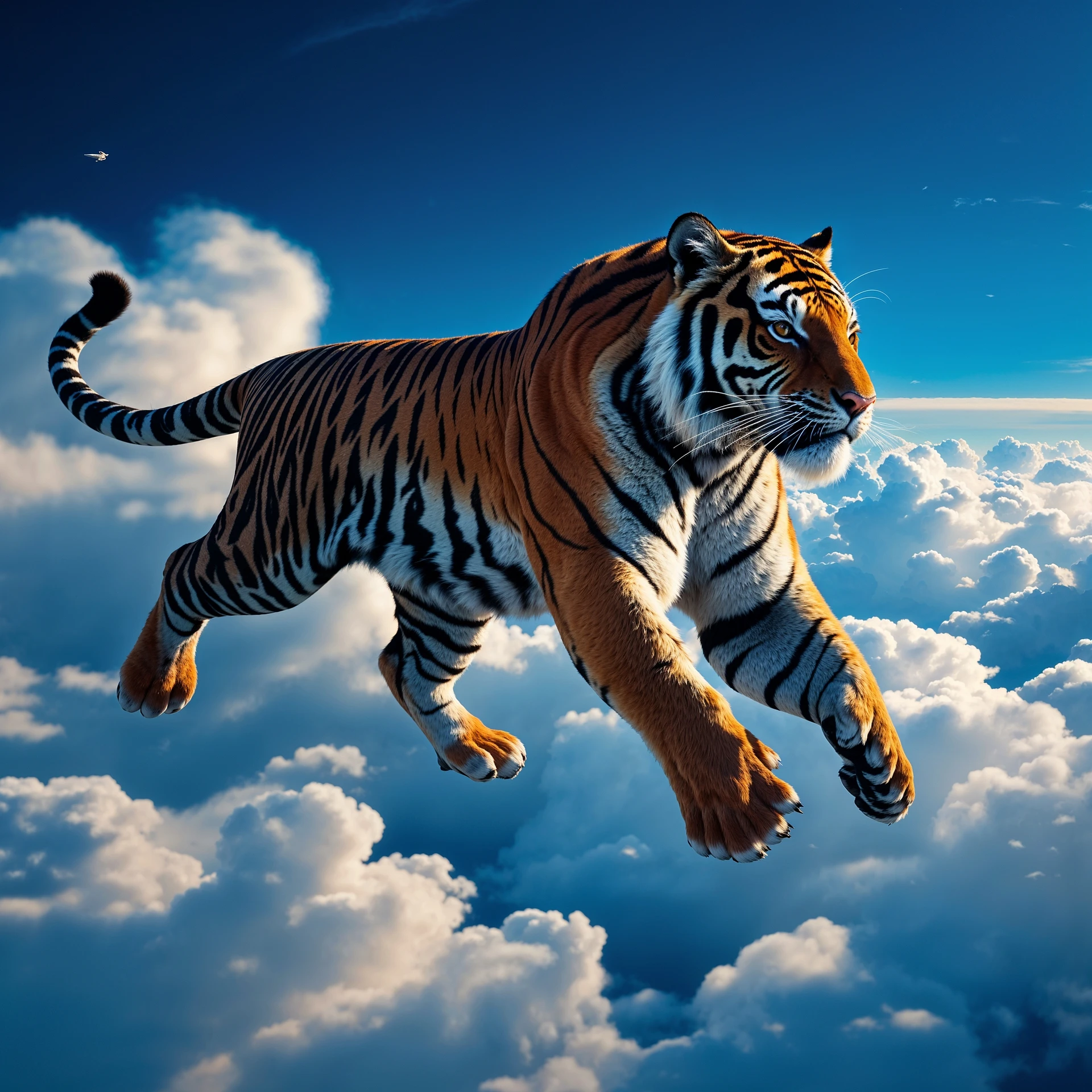 Tiger with corwn flying around clouds, blue solid color, with cinematic blur emoji