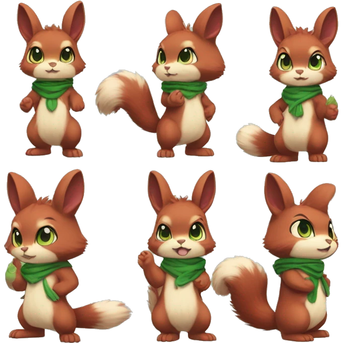 Cute, Chibi, chubby, fluffy, Kemono-style, Anthro, Fur-Sona, Dark-Red, Squirrel-Rabbit-hybrid-Fakémon, with a green bandana, full body emoji