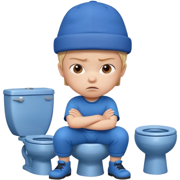 3D cartoon child character in blue outfit and blue hat, sitting on a toilet, looking angry with crossed arms, pastel background, preschool animation style." emoji