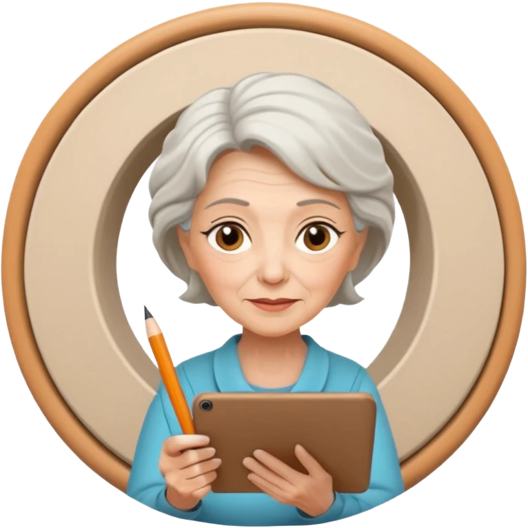 Older woman sketching in spiral pad, spiral pad to the camera emoji