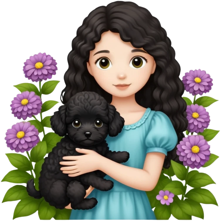 A long-haired girl holding a black maltipoo puppy in the flowers emoji