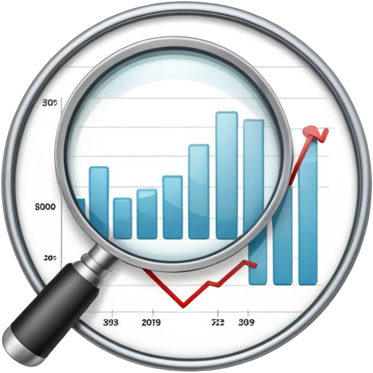 magnifying glass examining a downward trending chart, decreasing graph emoji