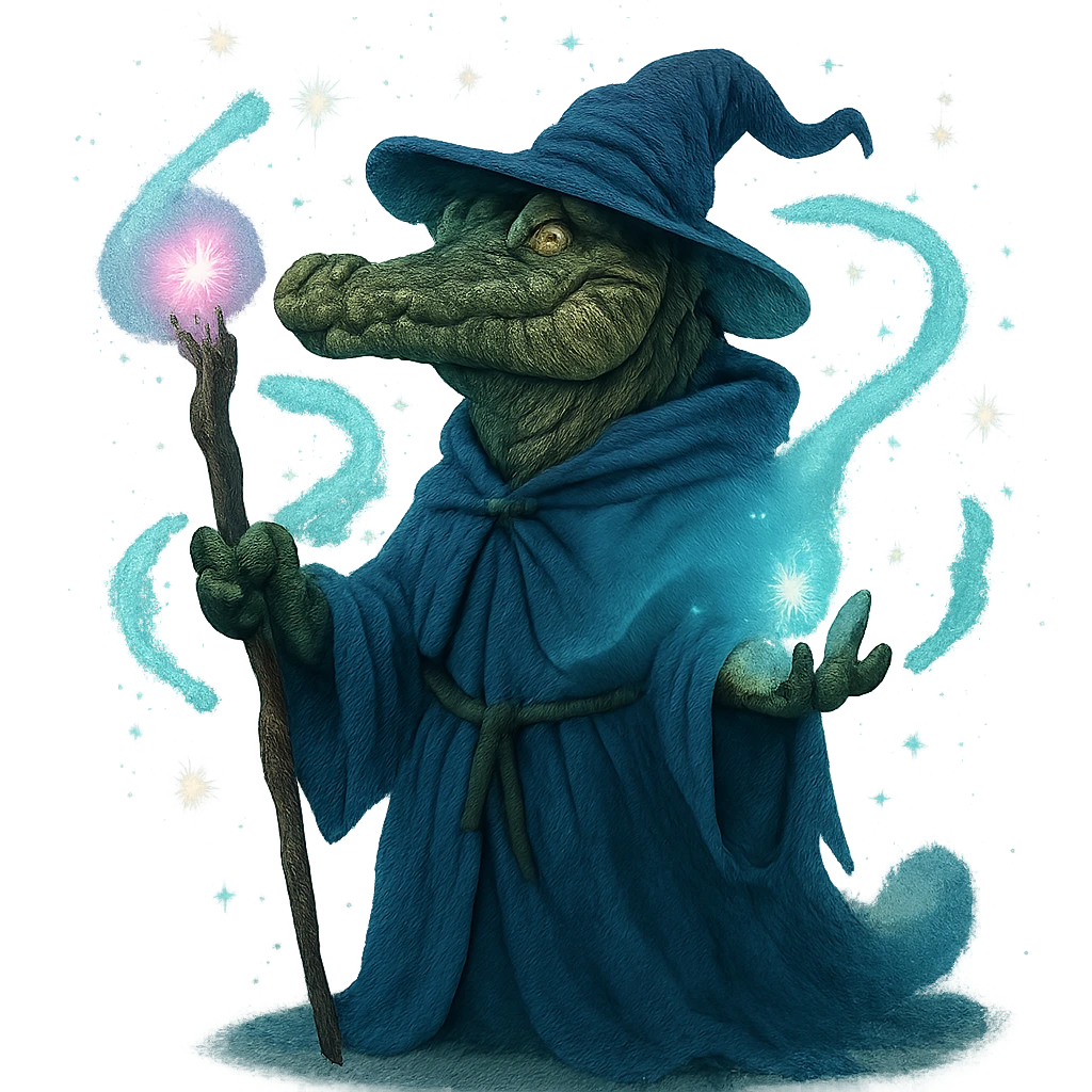 alligator wizard, mystical aura, stars and sparkles, fantasy emoji