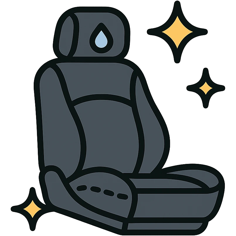 luxury car seat icon in matte black with a small droplet or shield on the headrest, elegant stitching, minimalist lines, extra shine and sparkling effects, modern and clean style, no text emoji