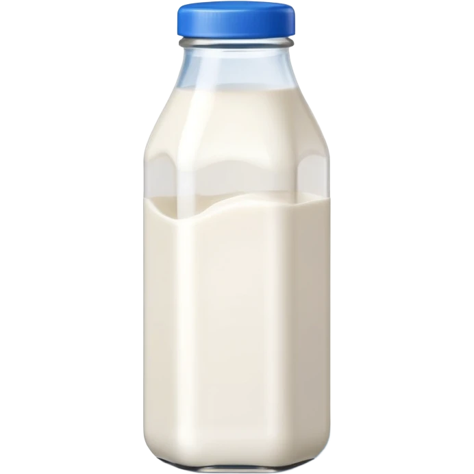 A 3D cartoon bottle of milk with white liquid, blue cap, clean reflections, Memoji-style. emoji