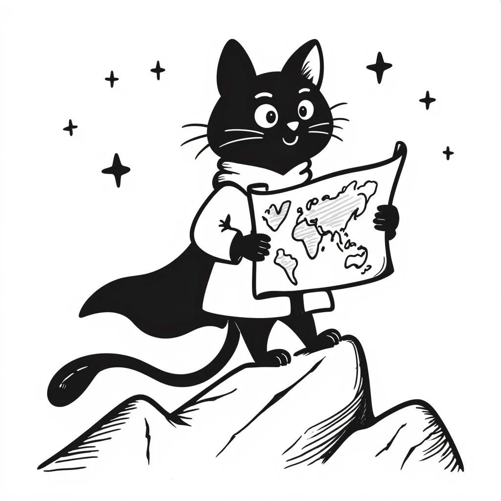 Adventurous cat explorer holding a map, standing on mountain ridge with stars in background, light clothing and cape blowing in wind, looking into the distance emoji