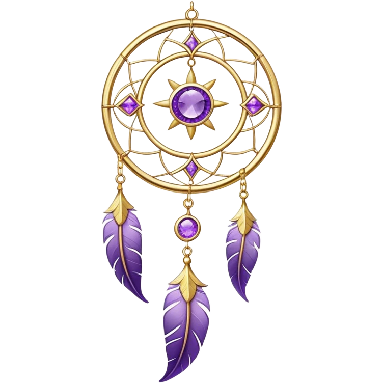 Epic beautiful gorgeous cute gold suncatcher, threads with shiny sparkly amethyst gemstones, flowers, crescents-moons, stars, violet Feather, gold feather emoji