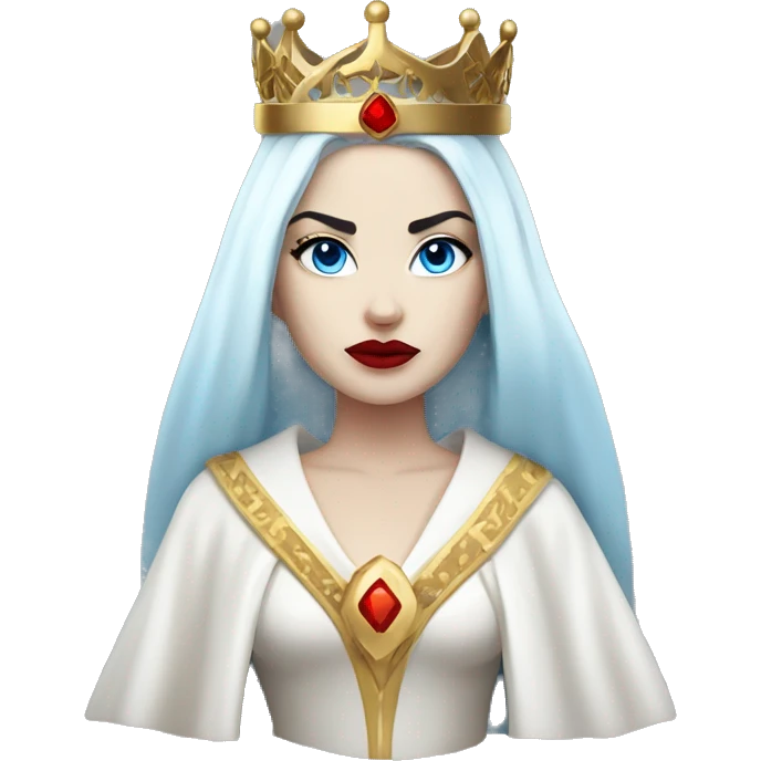 Queen with pale white skin, evil stare, icy blue eyes, bright red lips, long black hair, gold crown, and white robes. emoji