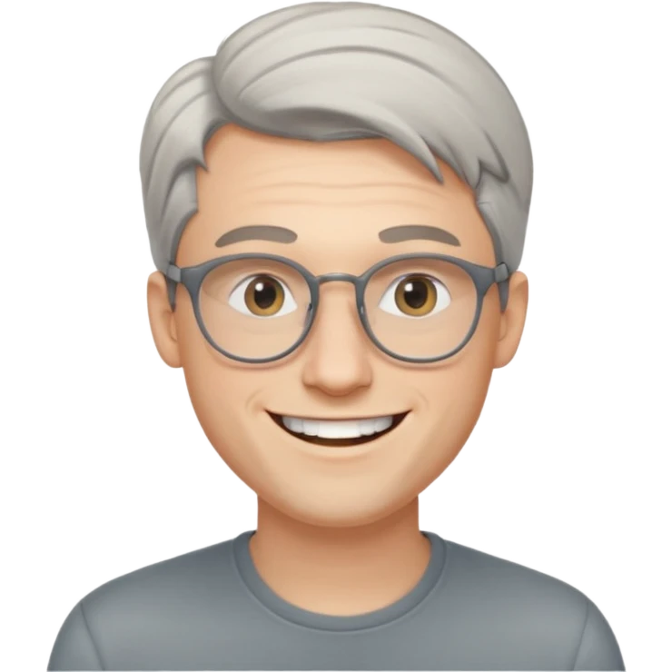 30 yr old pale white man, grey side swept hair, round glasses, big smile, white teeth, handsome, longer hair, thin glasses emoji