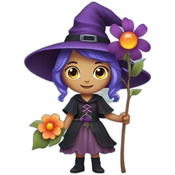 a cute little witch with a flower in her hand. emoji