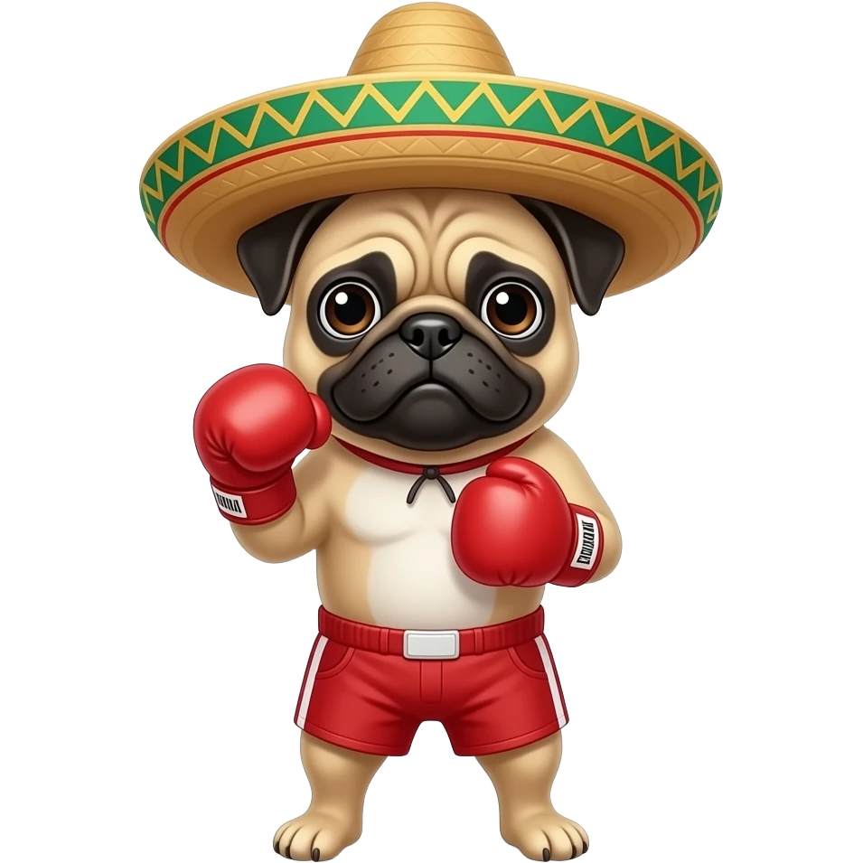 Buff Pug boxer with mexican hat, red boxing gloves and shorts emoji