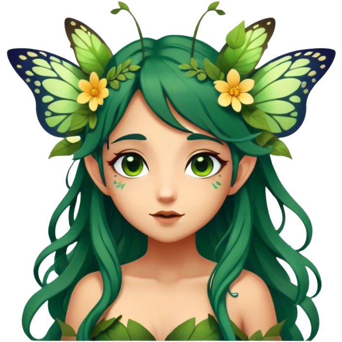 Cinematic Realistic Forest Fairy Portrait, head tilted playfully and inquisitively, showcasing a nature-inspired form with intricately detailed, sunlit tanned skin and cascading dark green hair interlaced with leaves and blossoms showing her large butterfly wings from her back. Her bright, curious eyes sparkle with forest mischief, rendered with lifelike clarity and warm, dappled lighting that captures the spirit of an enchanting woodland fairy ready to dance among the trees. emoji