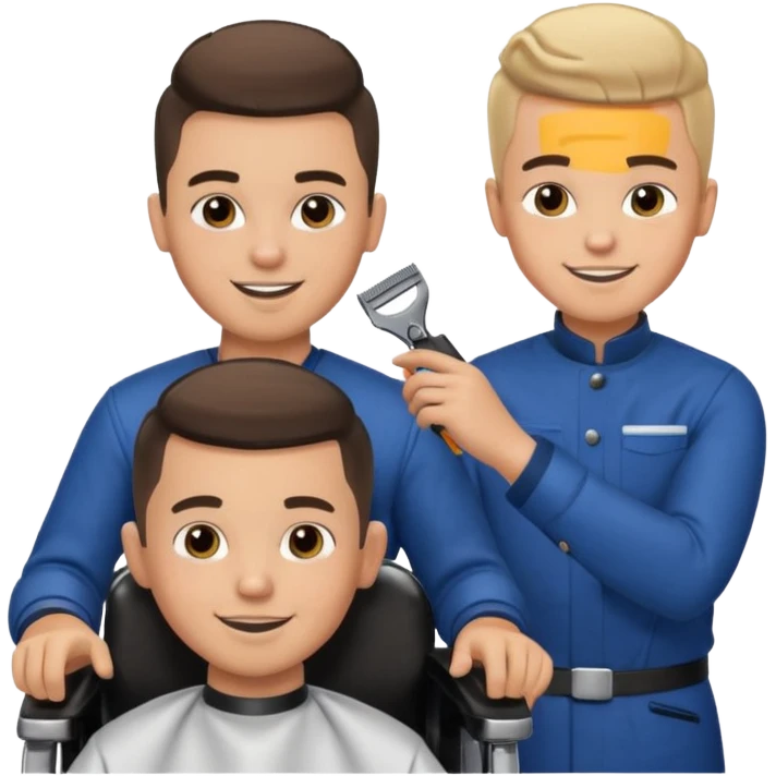 Barber cutting boys hair. Show the boy sat in black barber chair and both having smiles on their faces emoji