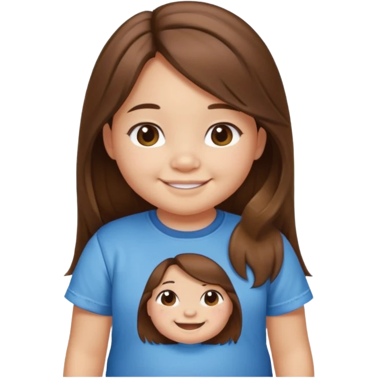 Une petite fille qui a des grosse joux qui est brune qui a les cheveux long et qui a un tee shirt stitch emoji