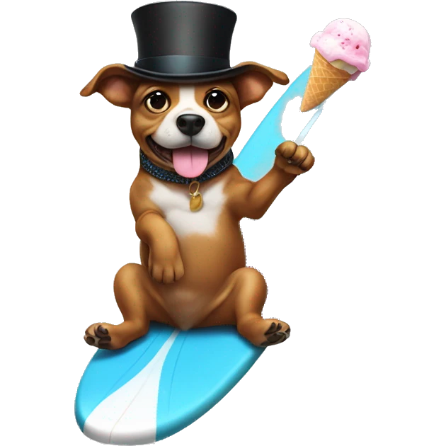 Dog on a surfboard wearing a top hat eating ice cream emoji