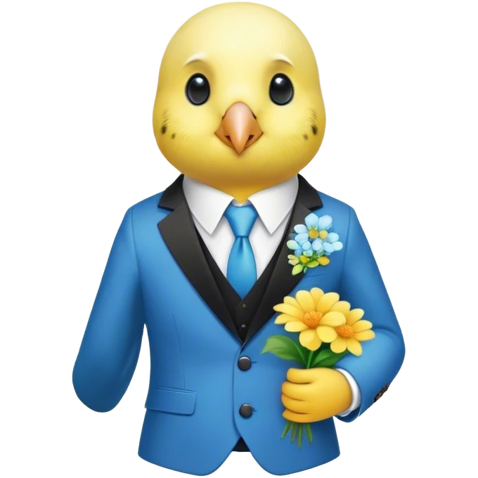 budgie in a suit with flowers in hands emoji