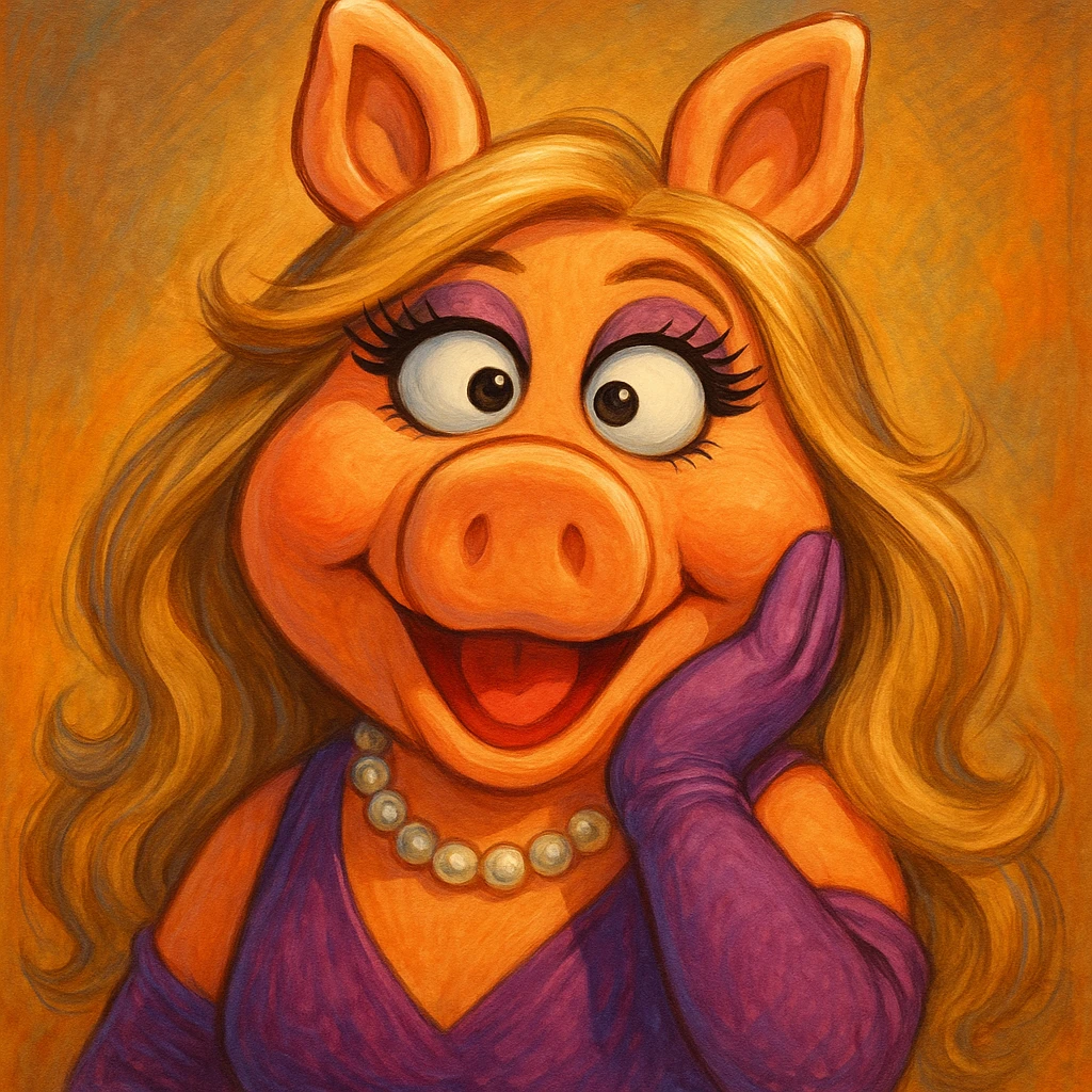 Miss Piggy with cross eyes, playful expression, detailed, vibrant colors emoji
