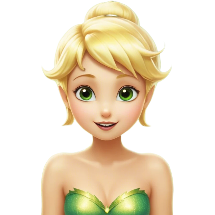 Cinematic Realistic Blonde Tinker Bell Fairy Portrait, head tilted dramatically with an exaggeratedly amused expression, featuring a striking, lively pixie form with radiant golden blonde hair and luminous, iridescent wings dusted with playful sparkles. Her expressive eyes brim with cheeky mischief, rendered with vibrant, lifelike textures and dynamic natural lighting that imbues the scene with an air of magical whimsy and over‐the‐top fairy fun. emoji