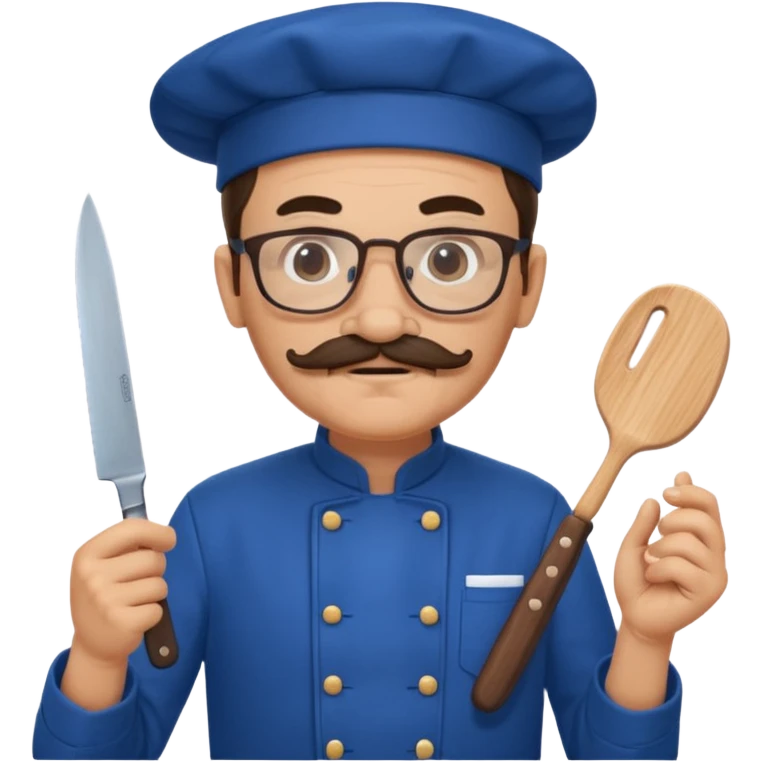 italian chef, blue uniform, with mustace, wearing glasses, holding knife emoji