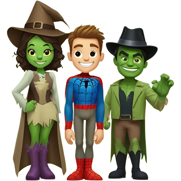 Spider-Man, Hulk, Wizard of Oz, scarecrow, and Wizard of Oz witch together as a family emoji