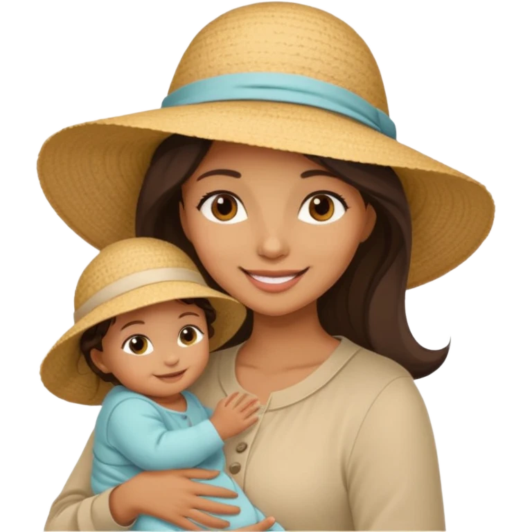 A mom in a sunhat holding her baby gently while smiling softly. emoji