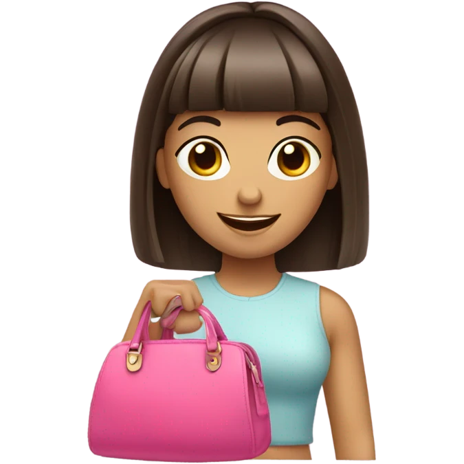 Happy brunette girl with bangs holding pink purse emoji