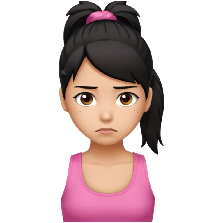 A tan girl with black hair in a ponytail. Wearing a pink tank top. Looking sad emoji