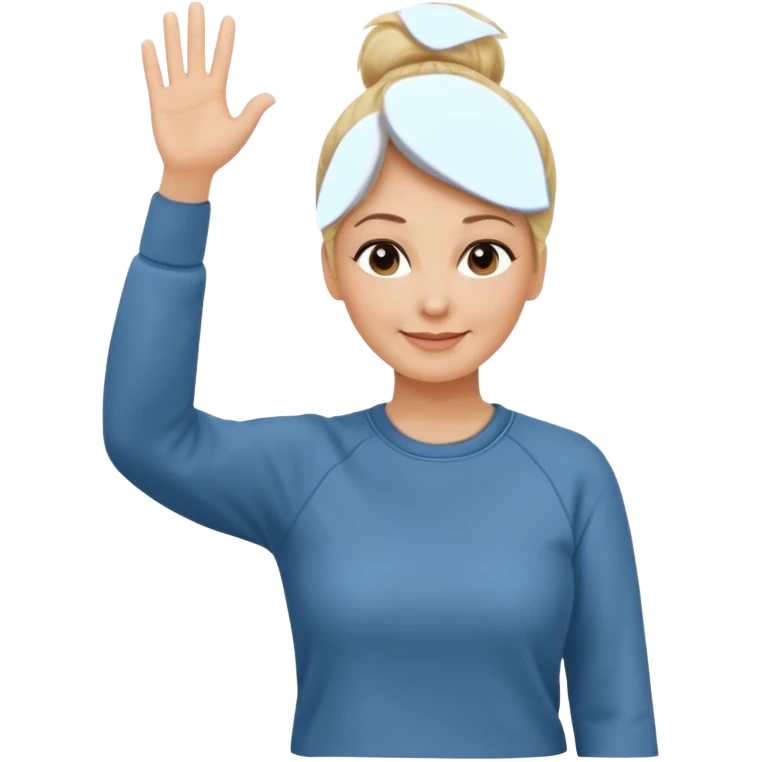 50 year old blonde woman with bun in casual clothes and sweat shirt waving emoji
