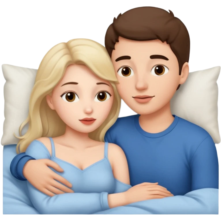 A woman and a young man are lying in bed and cuddling with each other. And they kiss on the lips. emoji