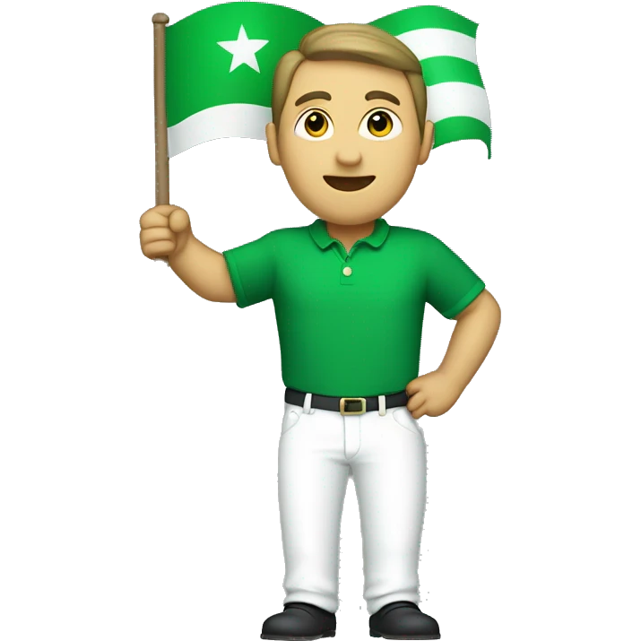 a man with  full body wearing a green shirt, white pants, holding a green flag with a white cresent moon in it, and a white star in the cresent moon. emoji