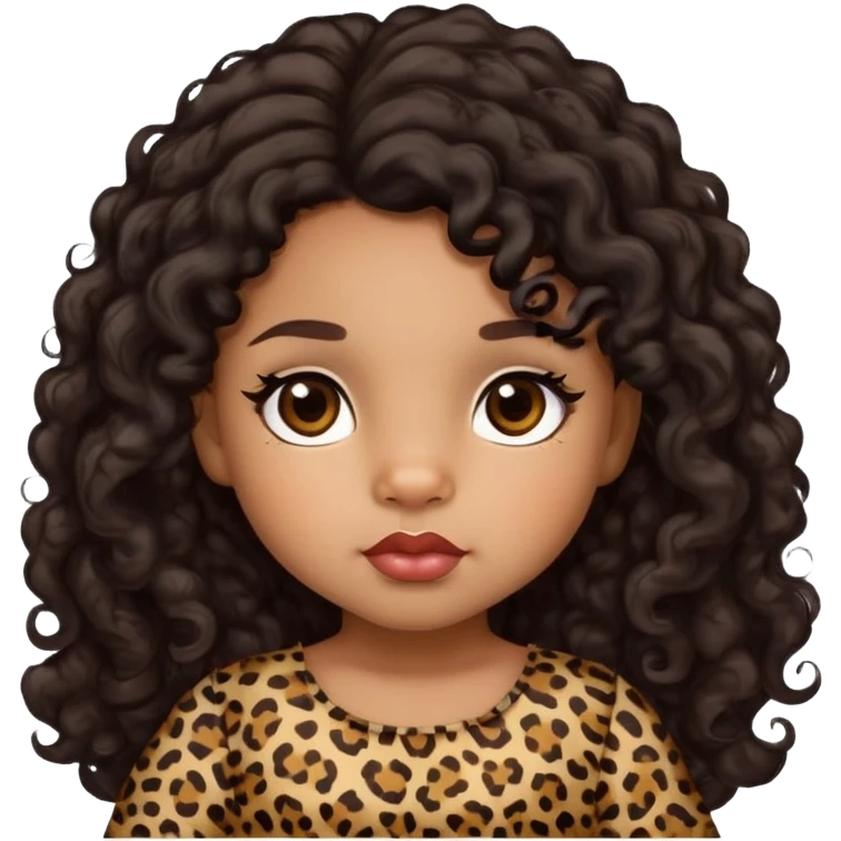 light brown skin tone, very adorable toddler, with big plump lips, long long lashes, black curly hair, middle hair parting, brown eyes, leopard print dress emoji