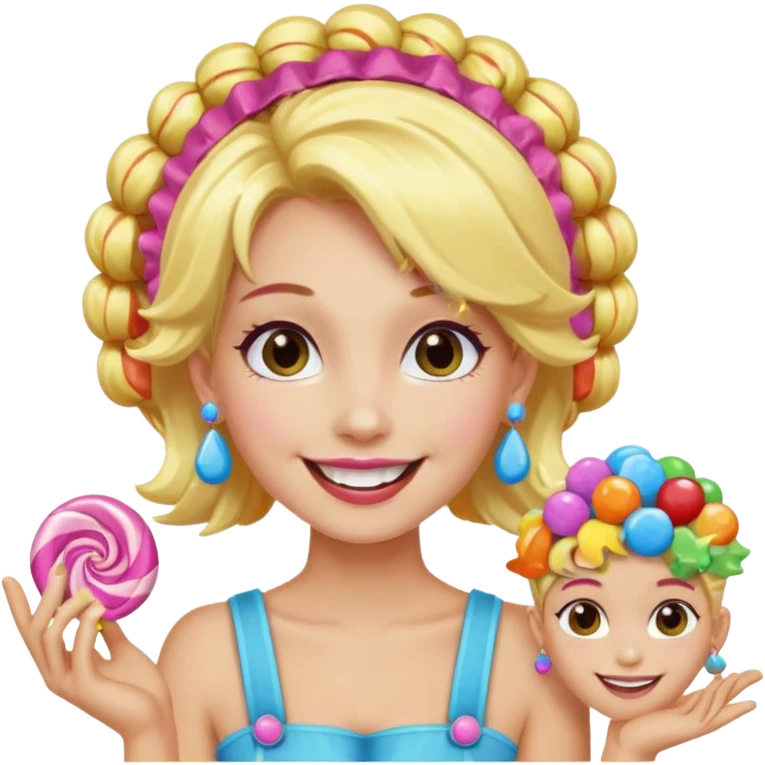candy shop vendor, looking like candy with candy earrings and candy hair with big smile and blond hair emoji