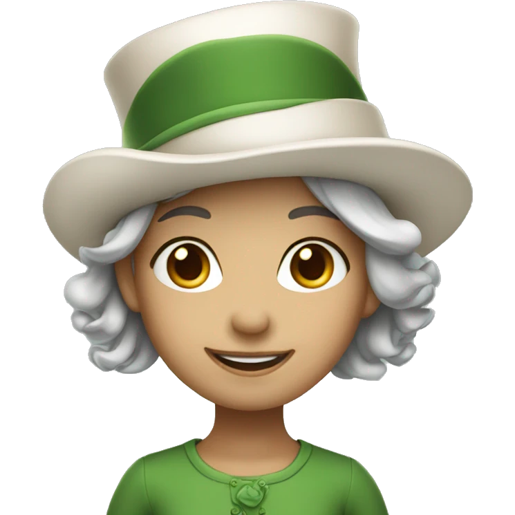 smiling girl- skin white- hair brown - in green top hat emoji