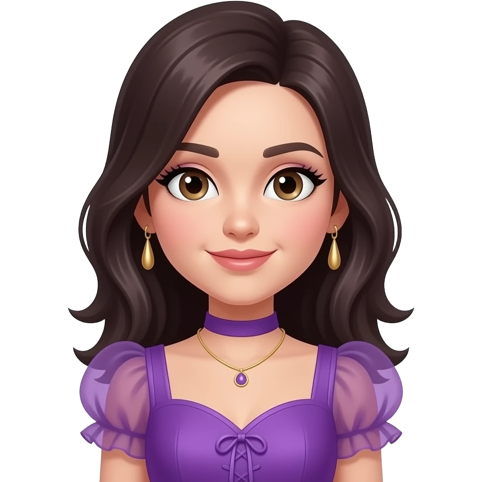 요즘 MZ들이 좋아하는 캐릭터 모습으로 옷도 보라색 원피스 입은 모습으로 만들어줘 emoji