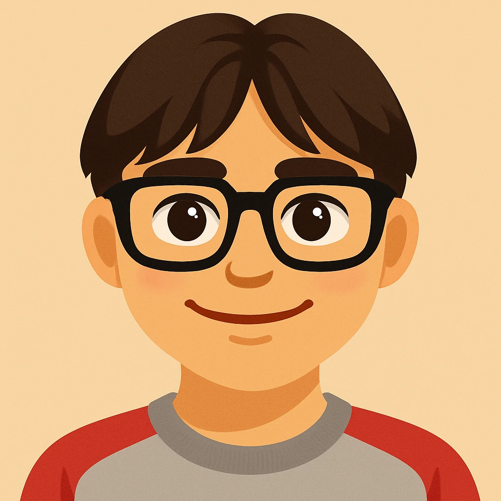 Dark-haired guy with hair to his earlobes, square black glasses, brown eyes, emoji style emoji