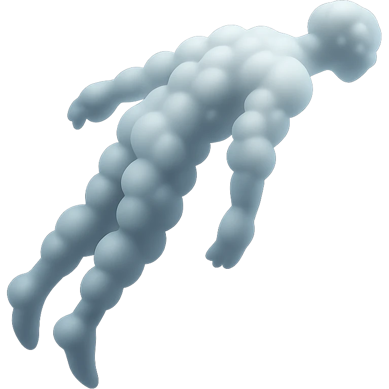 side view of unconscious person flying upwards by torso, legs and arms downwards, made of small very bright white fluffy convex clouds, matte glass style emoji