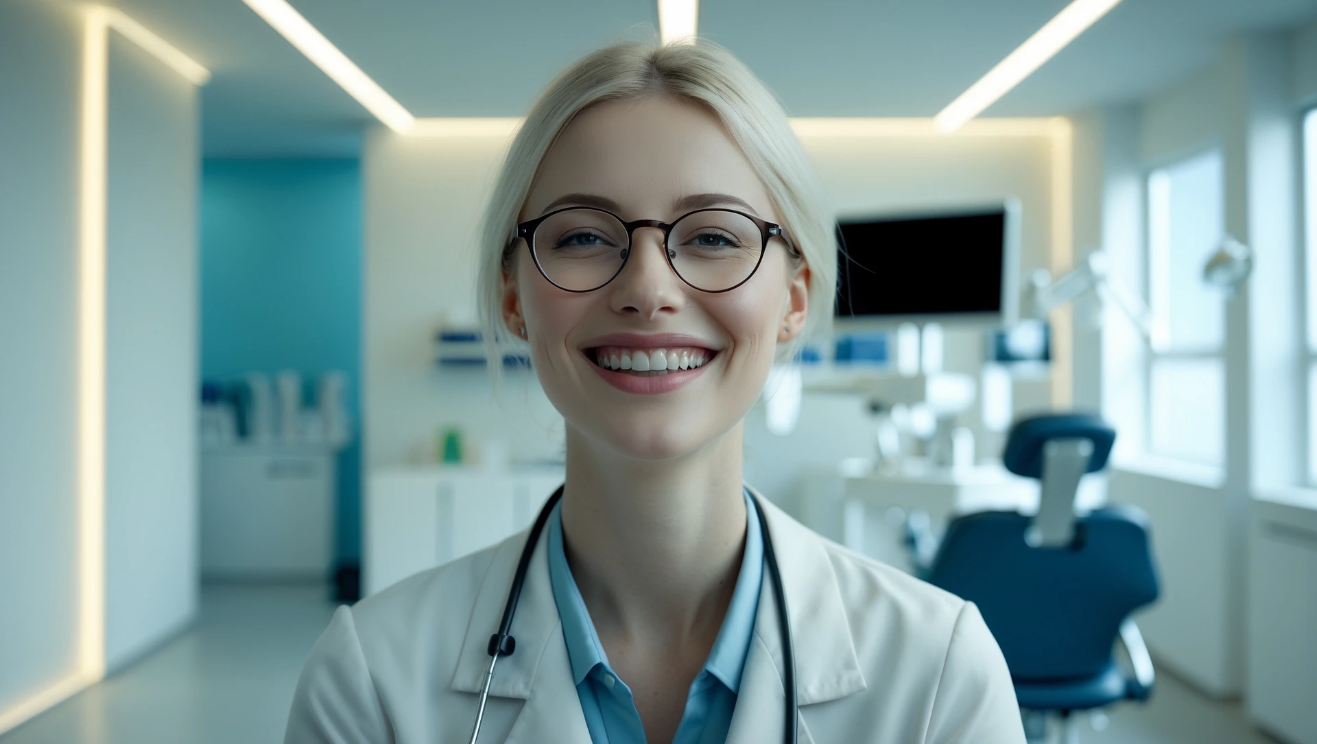 Cinematic still, Proffesional advertising of a smiling european white woman with glasses smiling, minimalistic ophthalmologist interior in background, leading  lines, "rule of thirds", 60/30/10 colors, soft light emoji