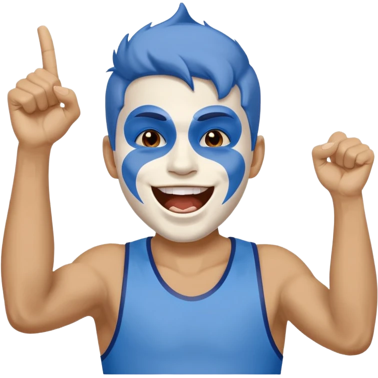 A man with half-blue, half-white face paint, shouting proudly while cheering emoji