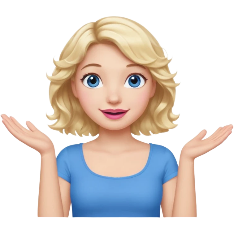 Girl Blonde short wavy hair,  blue eyes, cute blue top, long lashes, pink lips, smiling, shrugging hands raised emoji