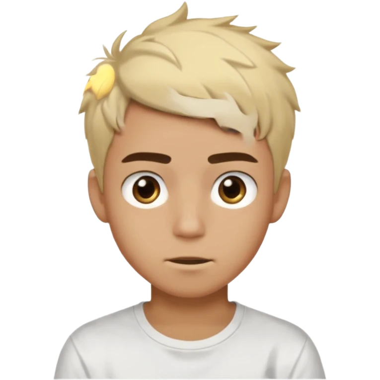 Short buzz, messy blonde hair. Dark brown bushy eyebrows large expressive golden-brown eyes, wearing a plain white t-shirt. Male Teenager. light Dark Brown skin color.  emoji