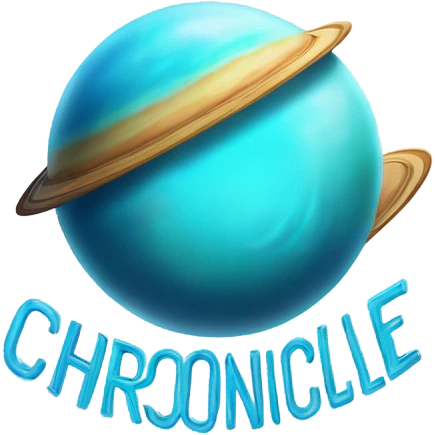 Cyan planet with blue ring around it and text says chronicle games emoji