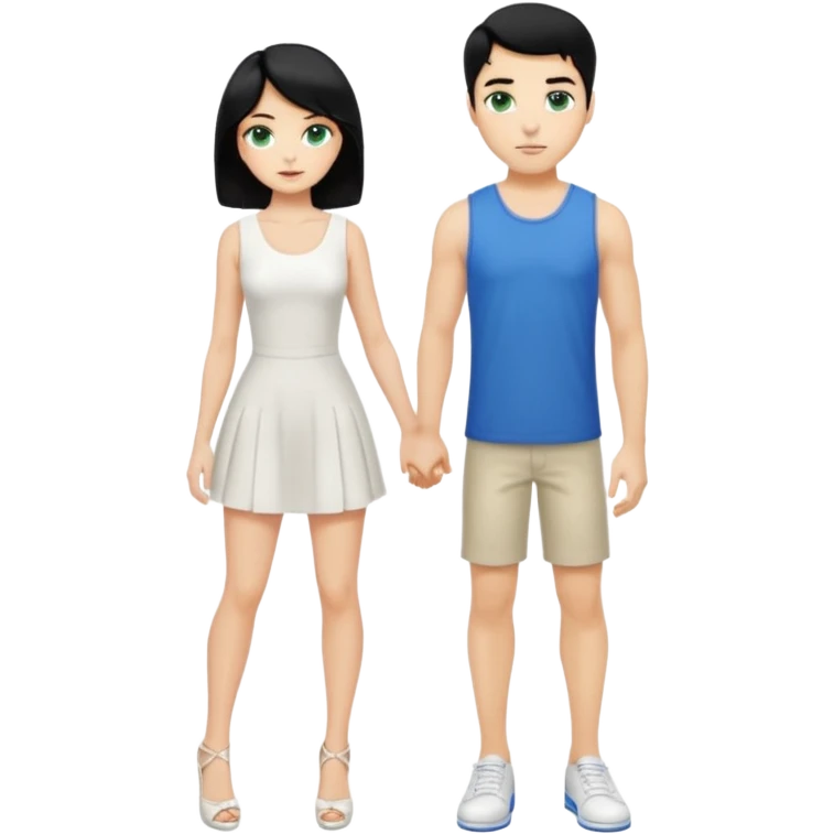 Prince, black hair, body, legst, blue eyes, shoes, woman blonde hair, green eyes, sexy white short sleveless dress, shoes emoji