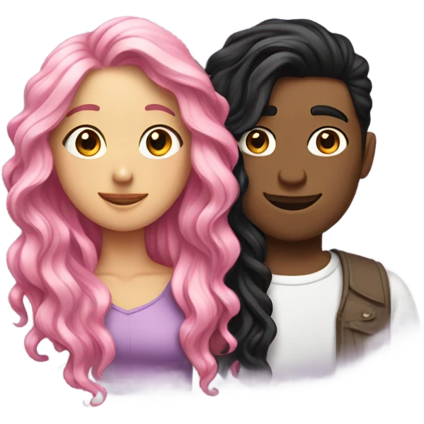 make a guy and a girl, they are hugging, the girl has pink long wavy hair. The guy has black hair and light skin. They are facing each other emoji