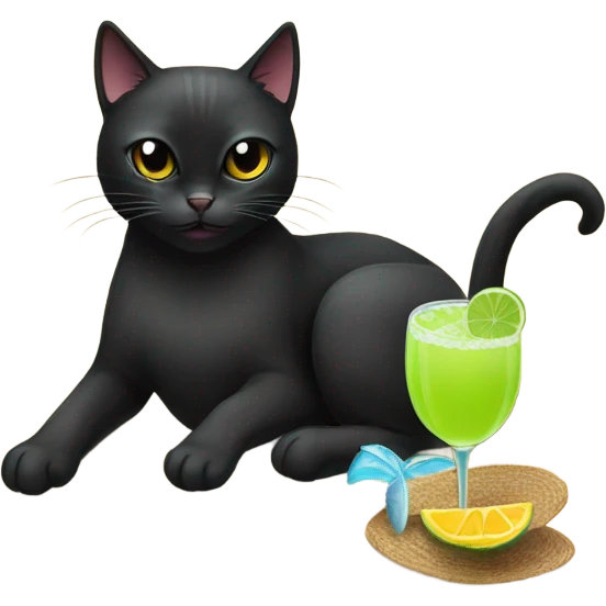 Black cat on the beach with margarita emoji