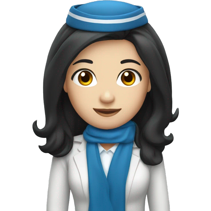 Flight attendant with long black hair, white skin and a blue uniform and a scarf emoji