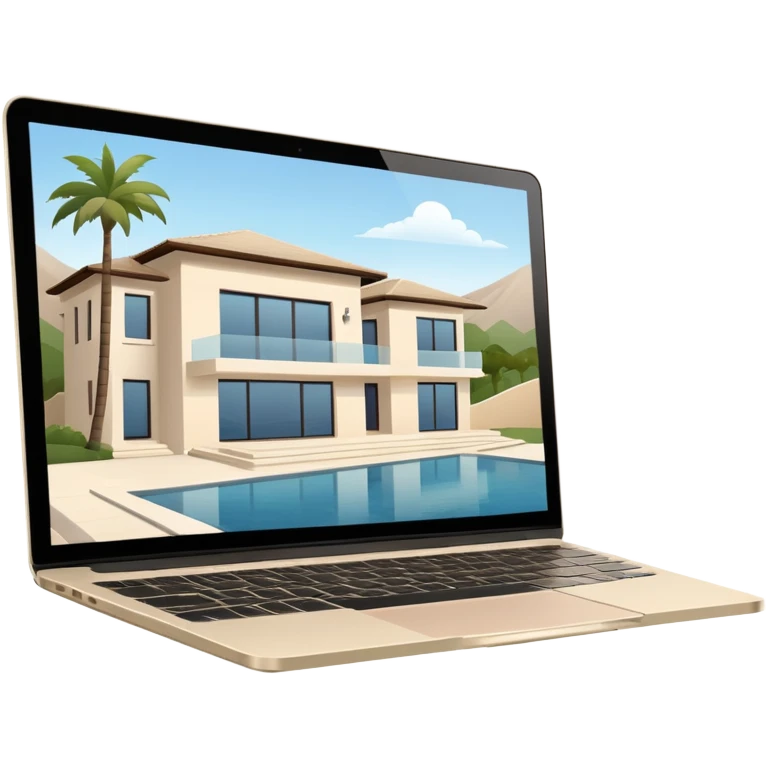 
light beige open macbook sideways with luxury villa on screensaver emoji