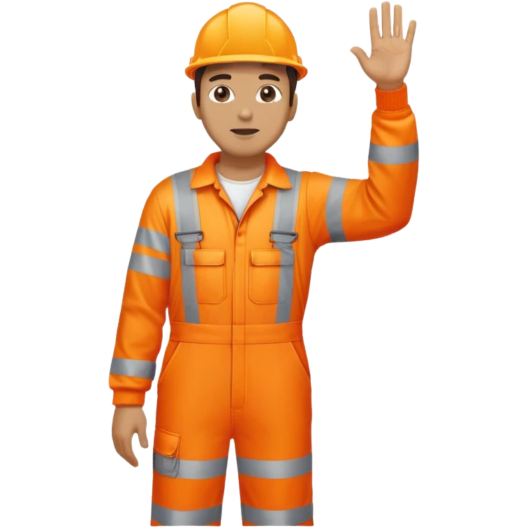 man standing facing backwards wearing orange hi visibility overalls  with one arm raised emoji
